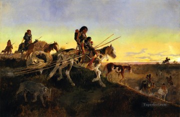  1891 Art - à la recherche d’un nouveau terrain de chasse 1891 Charles Marion Russell Indiens d’Amérique